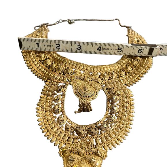 Jewelry Statement Set Necklace Drop Earrings Ring Adjustable Gold Tone - Picture 11 of 15